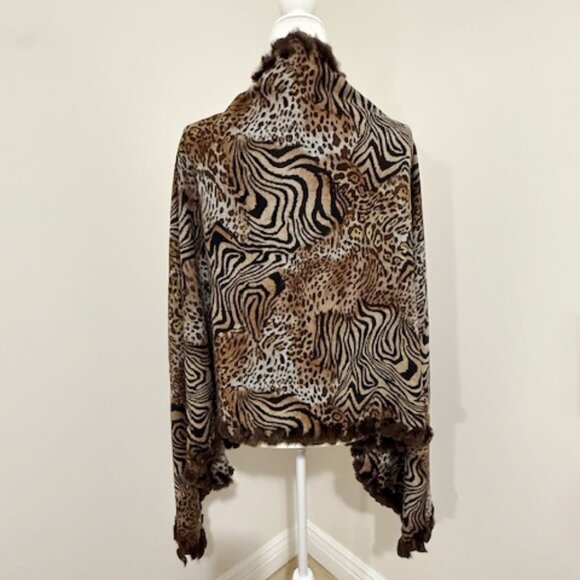 Dena Animal Print Cashmere w/ Dyed Rex Rabbit Fur Trim Wrap Scarf 70" L x 26" W - Picture 5 of 6